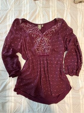 Anthropologie Burgundy Embroidered Boho Blouse